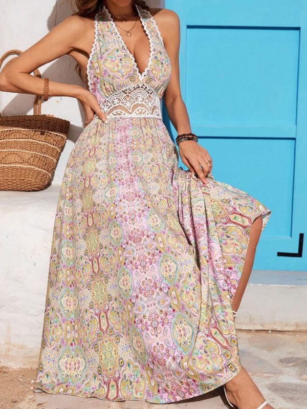 SHEIN VCAY Vacation Woven Printed Backless Halter Neck Combining Large Dress Hem Women's Dress