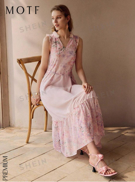 MOTF PREMIUM FLORAL PRINT APPLIQUED RUFFLE HEM DRESS