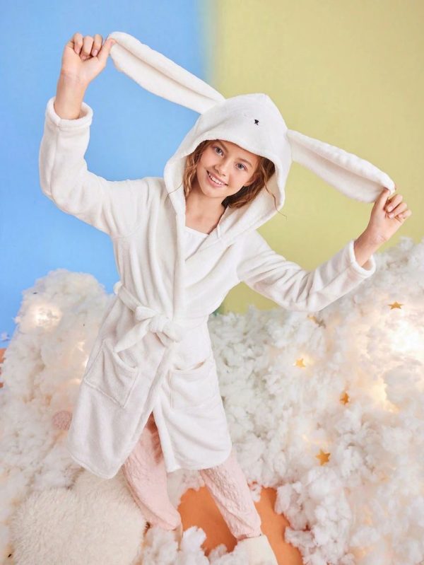 Girls' White Velvet Long Sleeve Hooded Sleepwear Robe, Home Clothes