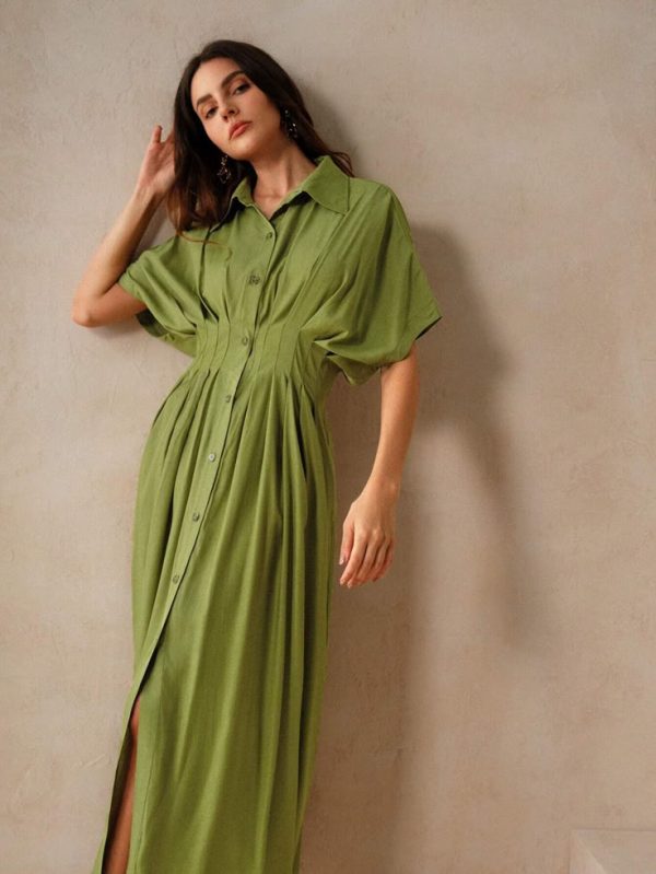 Anewsta Casual Women's Green Batwing Sleeve Folded Dress For Everyday Wear