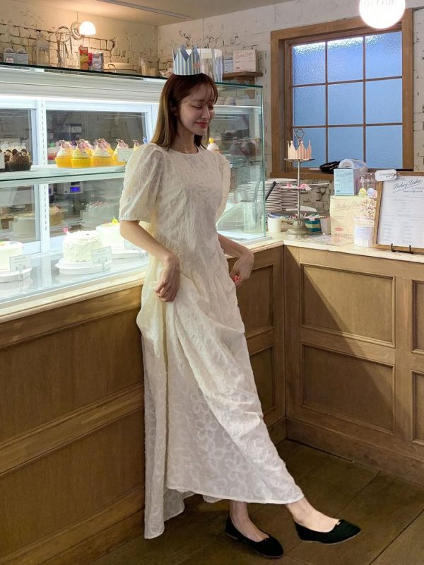 DAZY Women's Elegant Jacquard Short Sleeve Long Dress With Round Neck