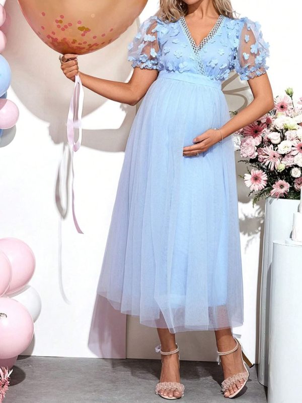 SHEIN Maternity V-Neck Sheer Mesh Patchwork Short Sleeve Dress