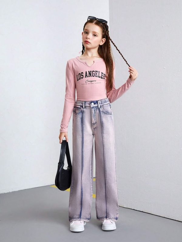 SHEIN Streecool Kids Women's Y2K Street Style Vintage Washed Denim Long Pants, For Teens