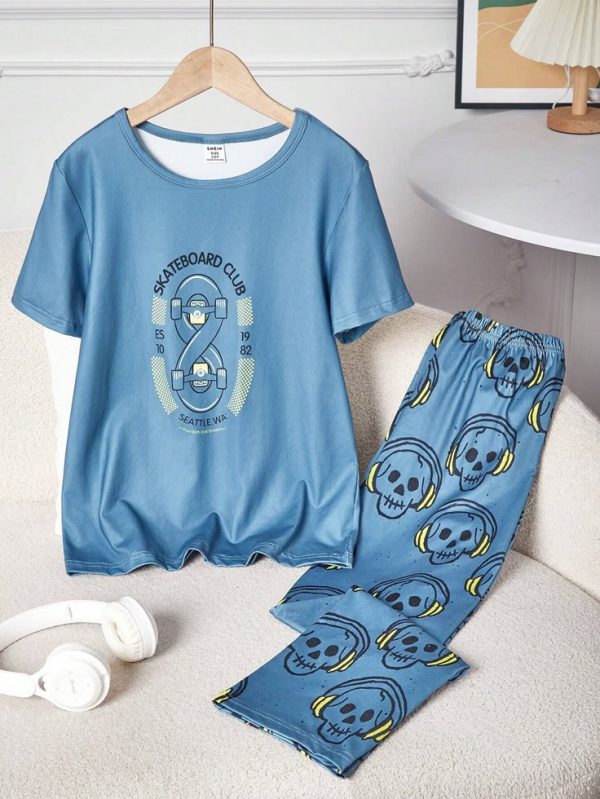 2pcs Older Boys' Skull Print Knit Short Sleeve Top And Pants Comfortable Pajamas Set