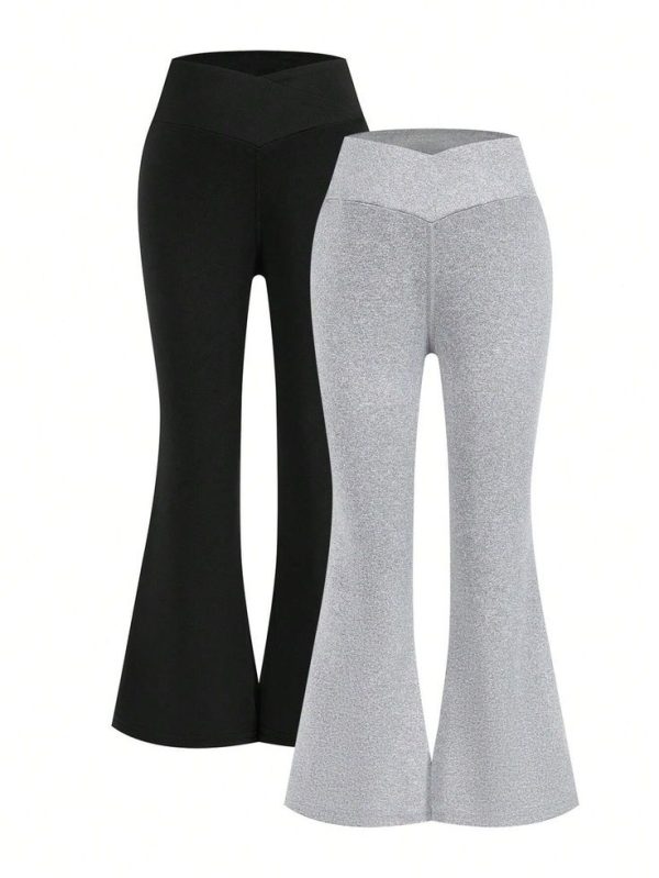 Girls' Black/Grey Two-Piece Set Of Flared Pants, High Waist