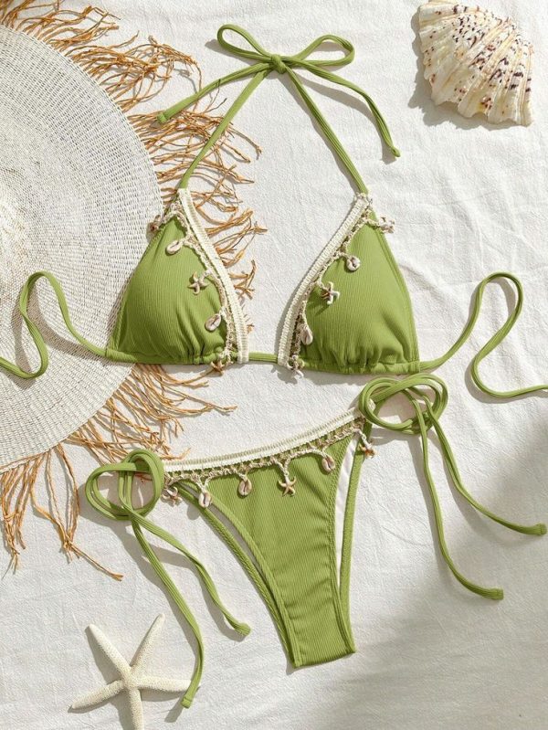 Bikinx Solid Color Splice Weave Bandeau Bikini Set With Bow Tie For Women