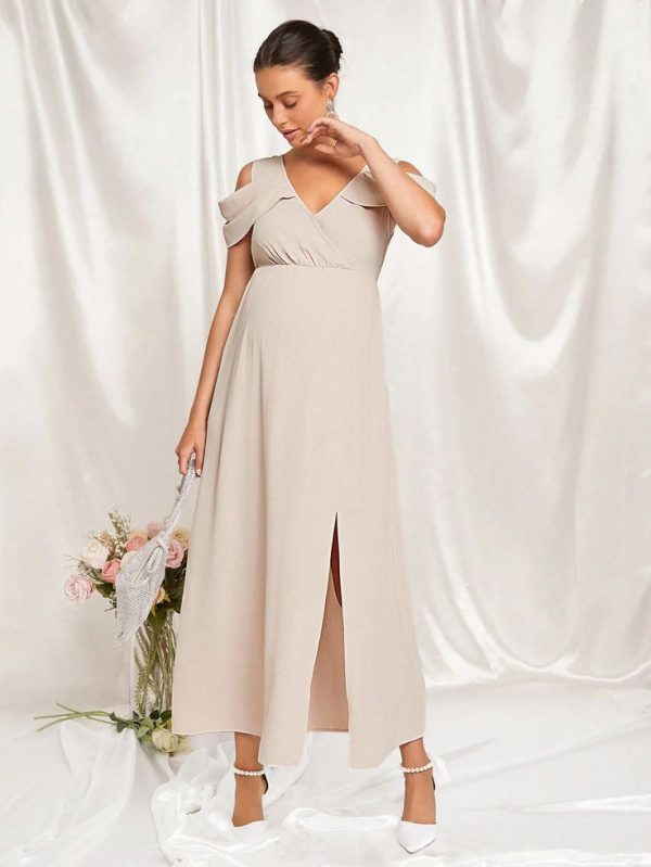 SHEIN MaterniChic Maternity Summer Party Solid Color Open Shoulder High Slit Dress