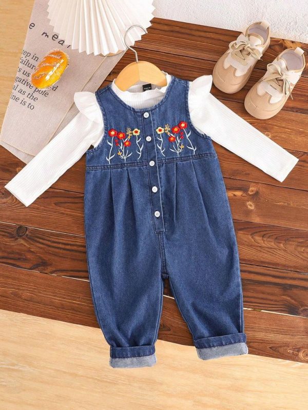 Baby Girls' White Casual Ruffled T-Shirt & Blue Denim Overalls With Floral Embroidery