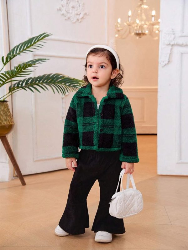 SHEIN 3pcs Baby Girls' Casual Plaid Fleece Jacket, White Camisole Top And Flare Pants Set