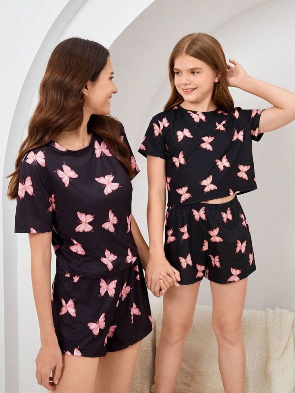 SHEIN Tween Girls' Butterfly Patterned Cozy Short Sleeve Shorts Pajamas Set