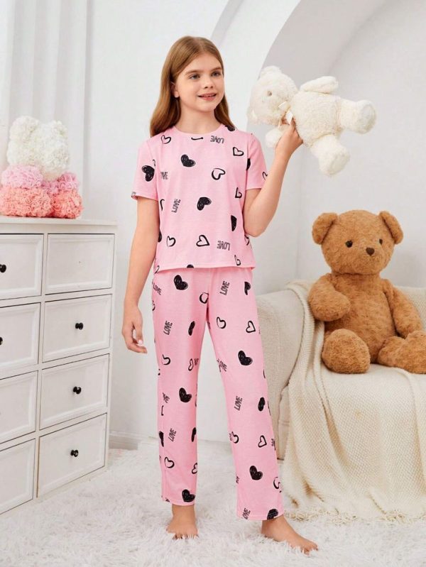 SHEIN Tween Girl Heart Print Short Sleeve T-Shirt