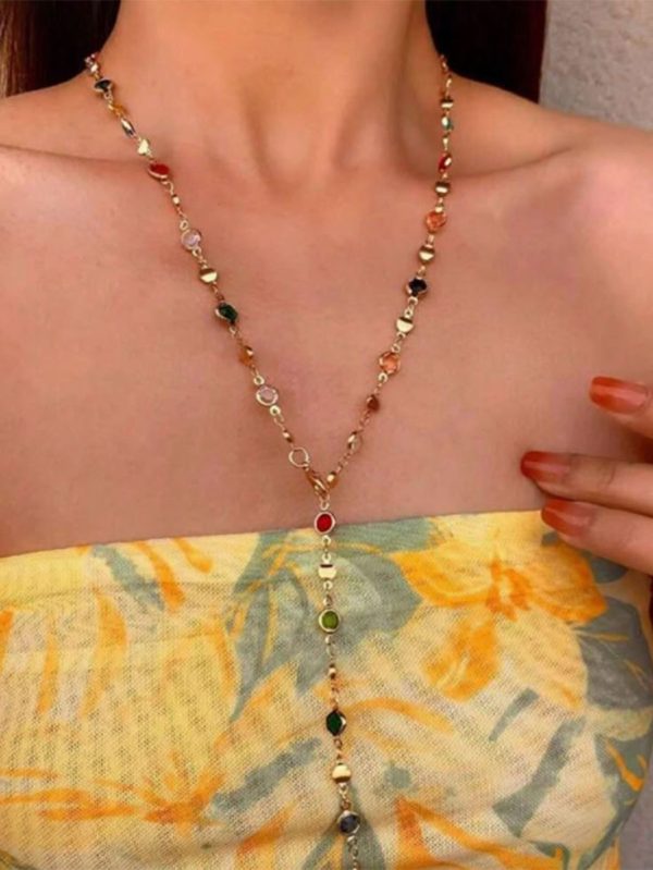 1pc Fashionable Creative Y-Shaped Long Colored Crystal & Cubic Zirconia Collarbone Necklace