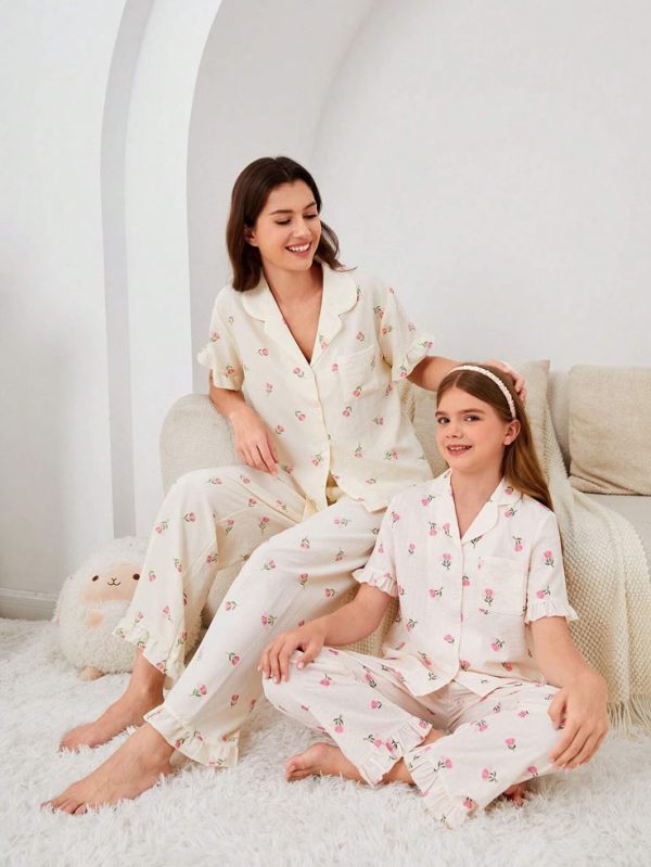 SHEIN Tween Girls' Straight Leg Pants Pajama Set, Mommy And Me Matching