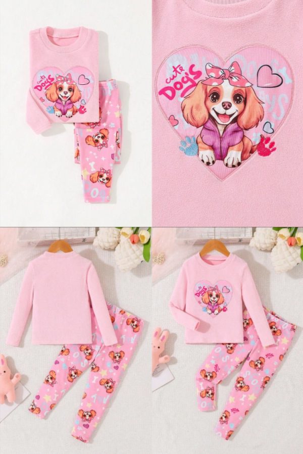 Toddler Girls' Cute Pink Dog Printed Snug Fit Long Sleeve Long Pants Pajamas Set
