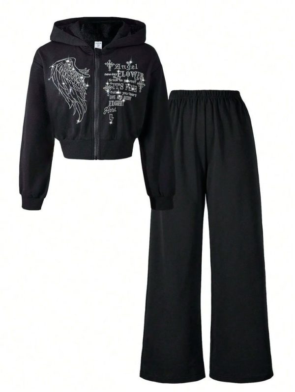 SHEIN Teen Girl Knitted Rhinestone Embellished Wing Logo Zipper Hoodie And Pants Set