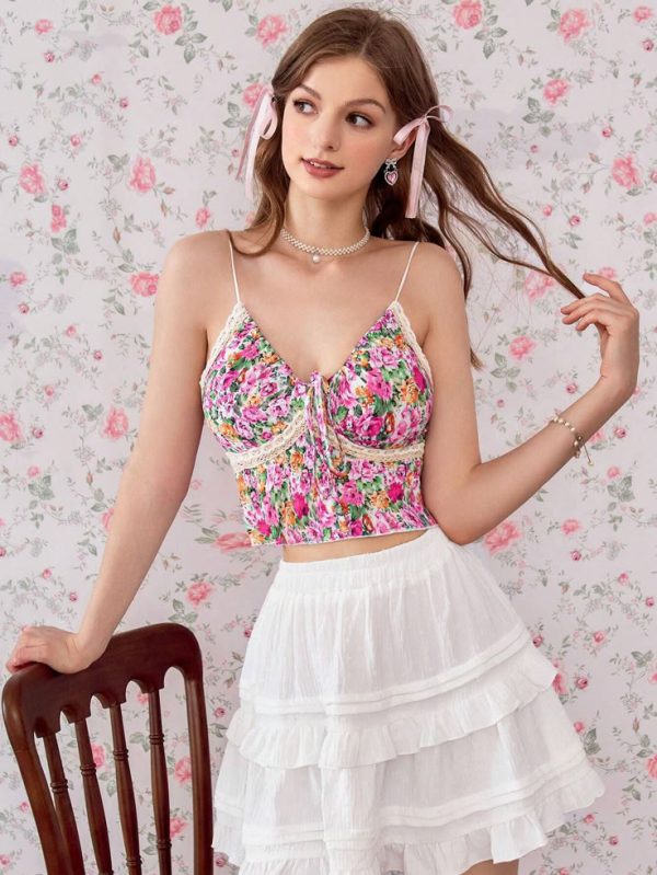 SHEIN MOD Women's Summer Ditsy Floral Tie Front Crop Top Camisole