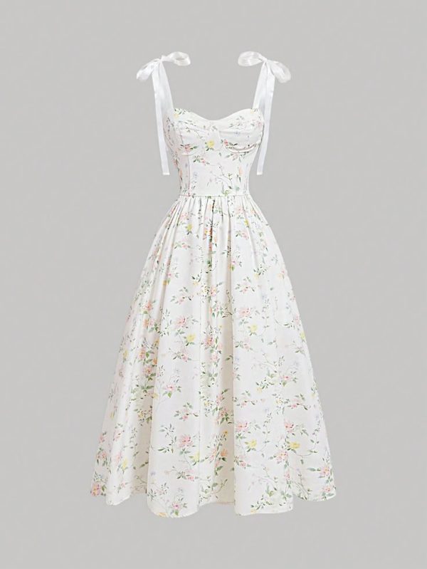 SHEIN MOD Romantic Floral Printed Shoulder Strap Tie Waist Women's Summer Maxi Dress