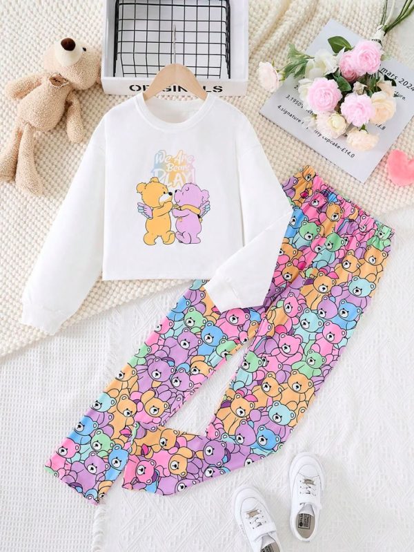 Girls' 2pcs Casual White Sweatshirt And Leggings Set, Autumn Outfits
