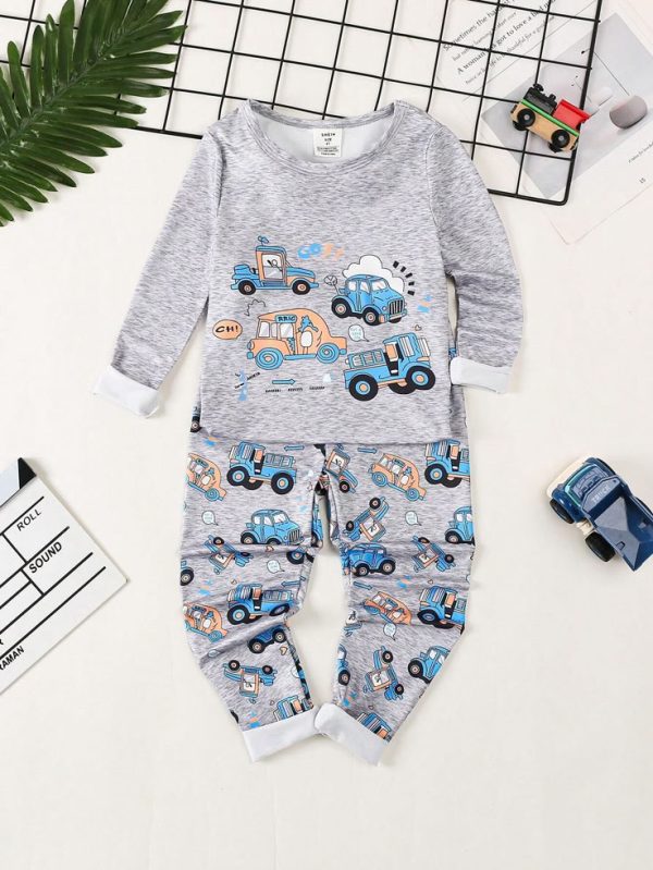 Toddler Boys' Cartoon Car Printed Long Sleeve Tight-Fit Pajama Set With Pants