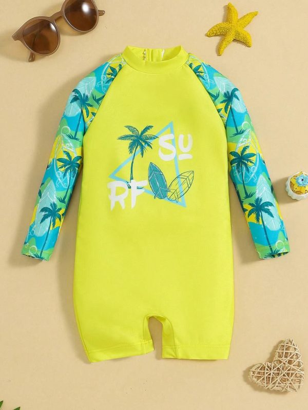 SHEIN Baby Boy/Girl Casual Plant Pattern Long Sleeve Short Romper Swimsuit