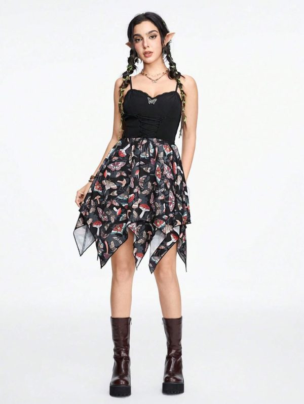 ROMWE Fairycore Women's Patchwork Mushroom Butterfly Printed Belted Irregular Hem Dress