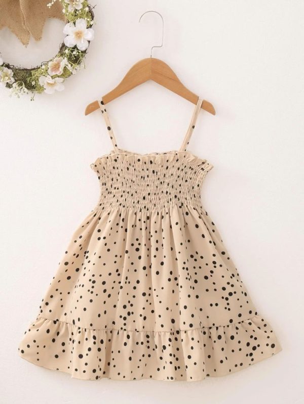 SHEIN Young Girl Polka Dot Shirred Ruffle Hem Cami Dress