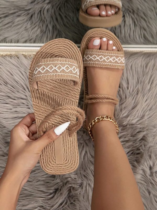 Women Geometric Pattern Double Strap Slide Sandals, Vacation Summer Flat Sandals