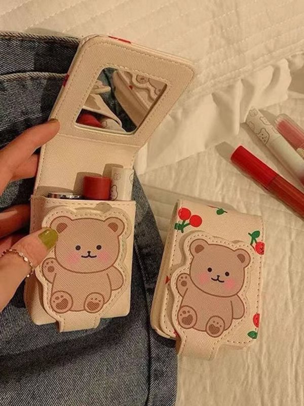 Bear Shaped Lipstick Pouch With Mirror, Mini Portable Travel Cosmetic Bag Organizer Protective Case
