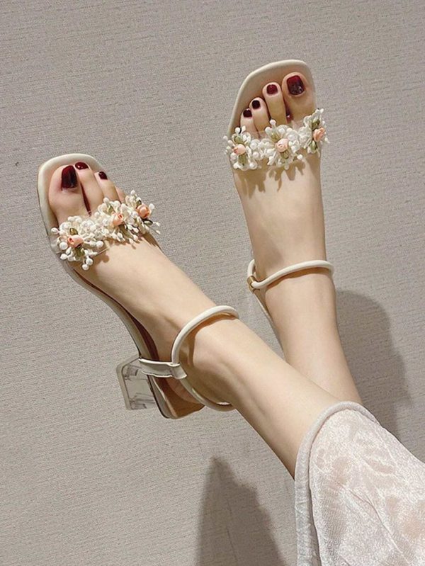 Flower Decor Chunky Heel Ankle Strap Sandals & Flower Rhinestone High Heel Sandals