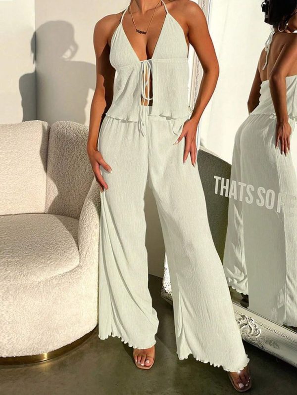 SHEIN Clasi Textured Fabric Pleated Halterneck Loose Fit Wide Leg Jumpsuit