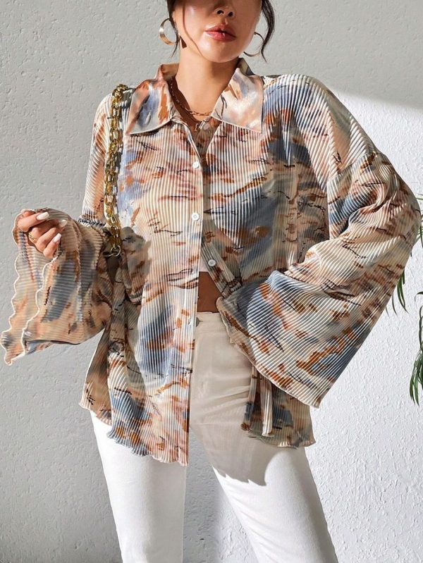 SHEIN Privé Women's Spring/Summer Fashionable Random Printed Flare Sleeve Shirt