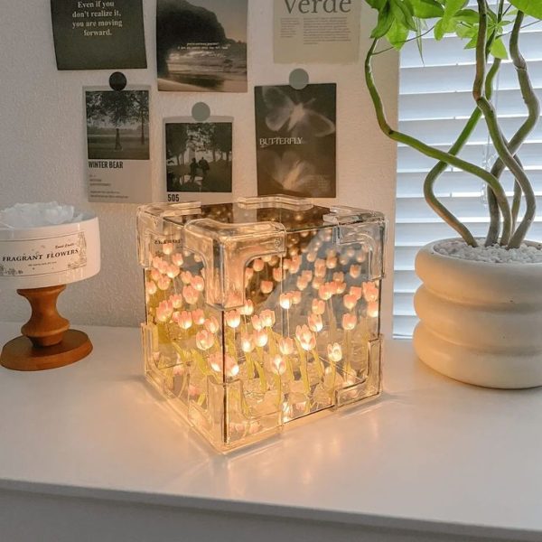 DIY Tulip Night Light Kit Including 20pcs Flowers, Tulip Sea, Rubik Cube Mirror, Gift For Girlfriend