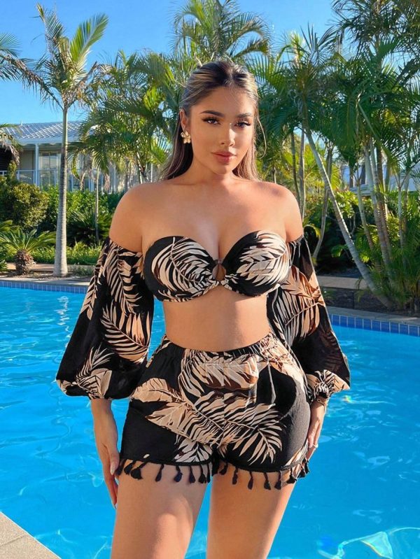 SHEIN SXY Summer Vacation Holiday Beach BOHO Women Floral Printed Tassel Fringe Straight Shorts