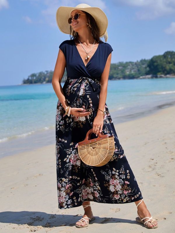SHEIN Maternity Floral Print Surplice Neck Belted Dress