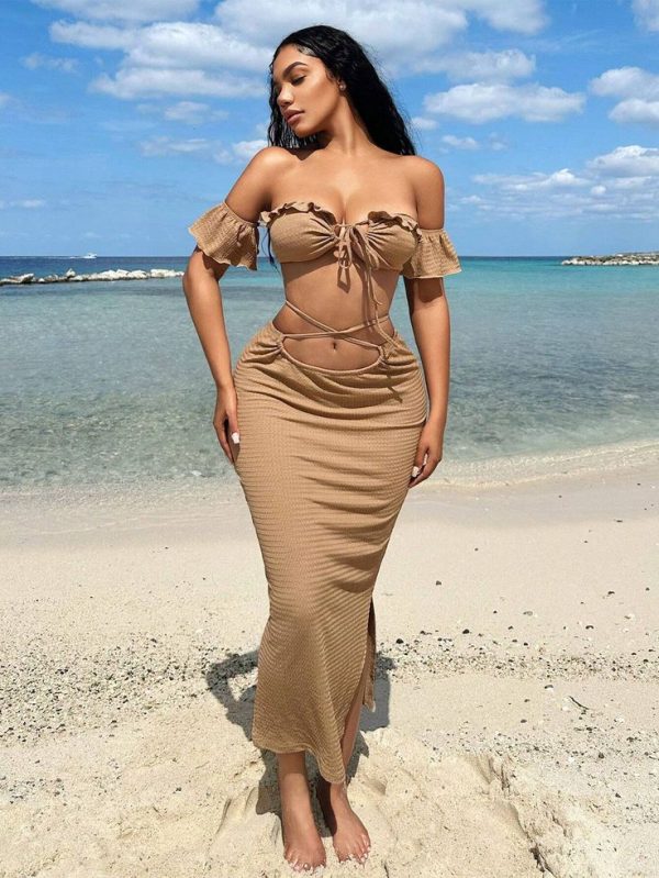 SHEIN SXY Women's Hollow Out Ruffle Trim Cap Sleeve Cross Tie Up Crop Top And Skirt Set Beach