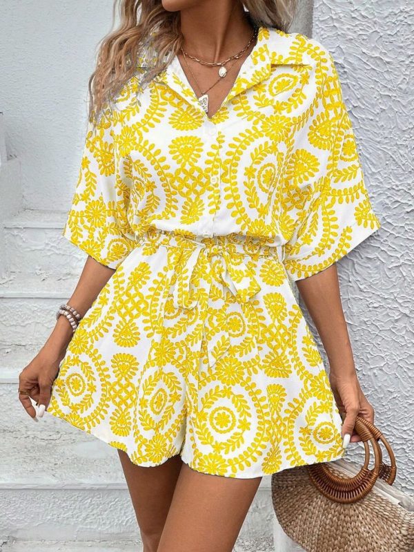 SHEIN VCAY Summer Ladies' Floral Pattern Dolman Sleeve Summer Women Beach Romper