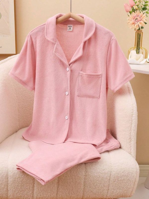 Teen Girls Solid Button Front Pocket Patched T-Shirt & Pants