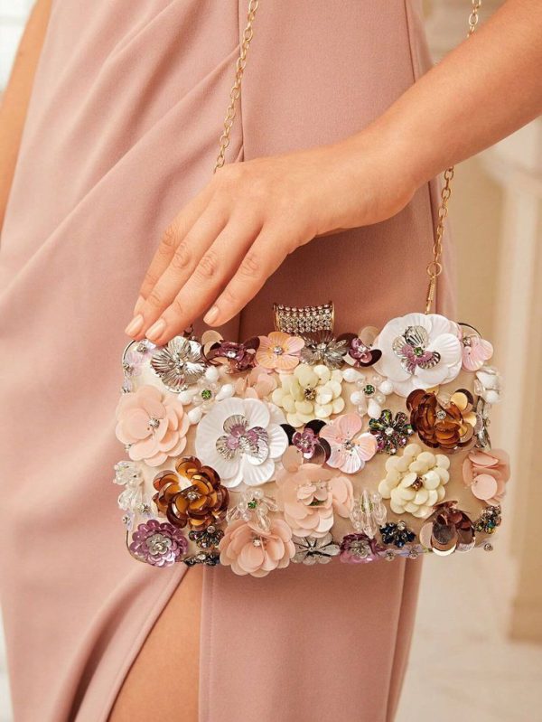 SHEIN Belle,Elegant, Glitter, Floral Decor Evening Bag, For Wedding/Prom/Party/Honeymoon