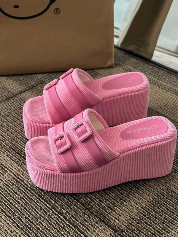 Fashion Pink Sandals For Women, Buckle Decor Faux Suede Wedge Slide Sandals