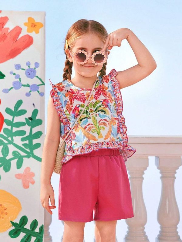 SHEIN Young Girl 2pcs Vacation Printed Tropical Plants & Animals Pink Outfit Set