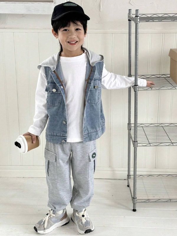 SHEIN Genkimix Kids Young Boys' Daily Casual Retro Denim Sleeveless Hooded Vest And Casual Pants