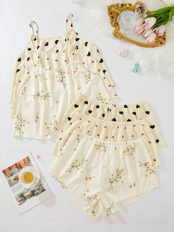 Plus 3pcs Floral Print Cami Top & 3pcs Shorts PJ Set