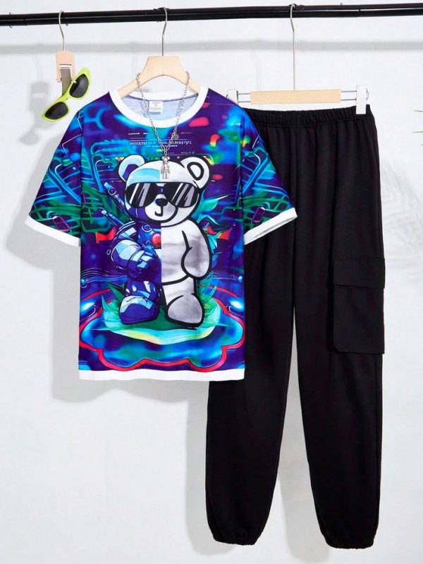 Teen Boys' 2pcs Fashionable Casual Digital Print Short Sleeve T-Shirt And Long Pants Set