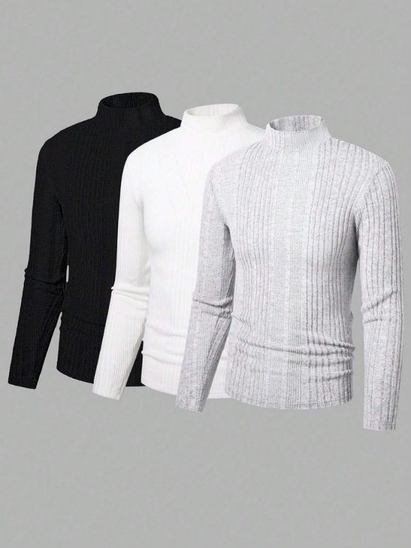 3pcs Teen Boy T-Shirt Set, Including Tops With High Collar And Long Sleeves