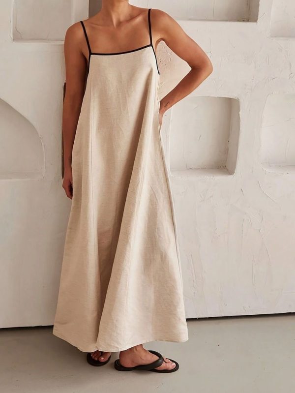 SHEIN VCAY Women Vacation Casual Color-Block Border Detailing Loose Fit Strappy Dress