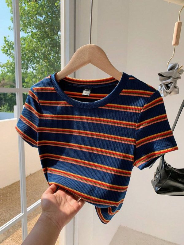 SHEIN EZwear Colorful Striped Knitted Women's Tight T-Shirt
