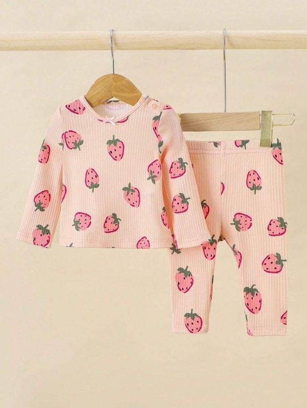 SHEIN Baby Girl Strawberry Patterned Long Sleeve Knit Pajamas Set (Top & Pants)