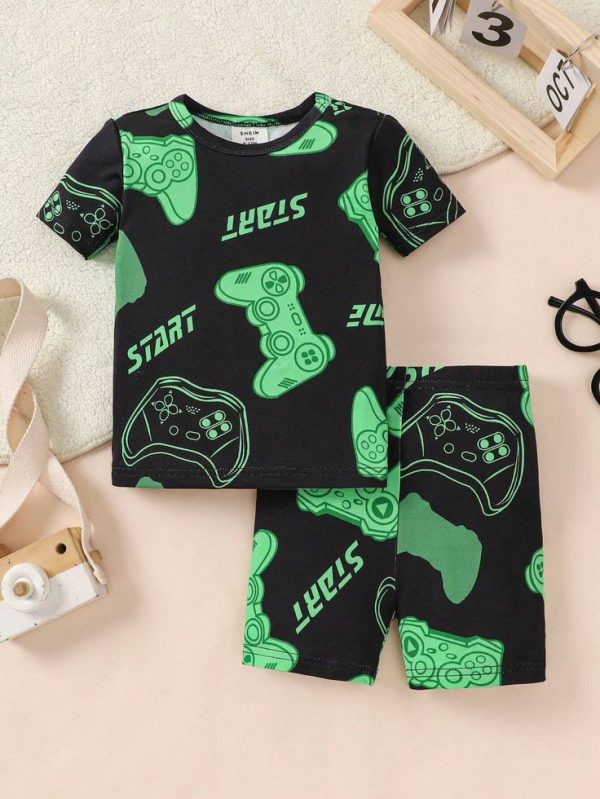 SHEIN Summer Casual Baby Boy Snug Fit Night Light Cartoon Game Console Pattern Shorts Set