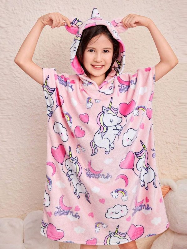 SHEIN Tween Girls' Plush Unicorn Hooded 3D Ears Sleep Dress