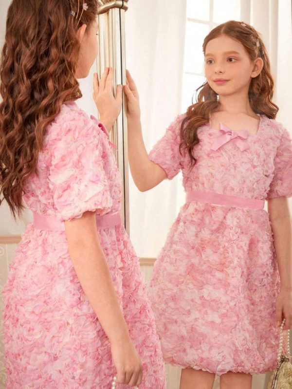 Tween Girls Solid Color Square Neckline Dress With Bow Decoration And Floral Applique, Summer